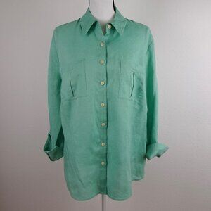 Investments Linen Blouse Top Women's 14W Green Roll Tab Sleeves
